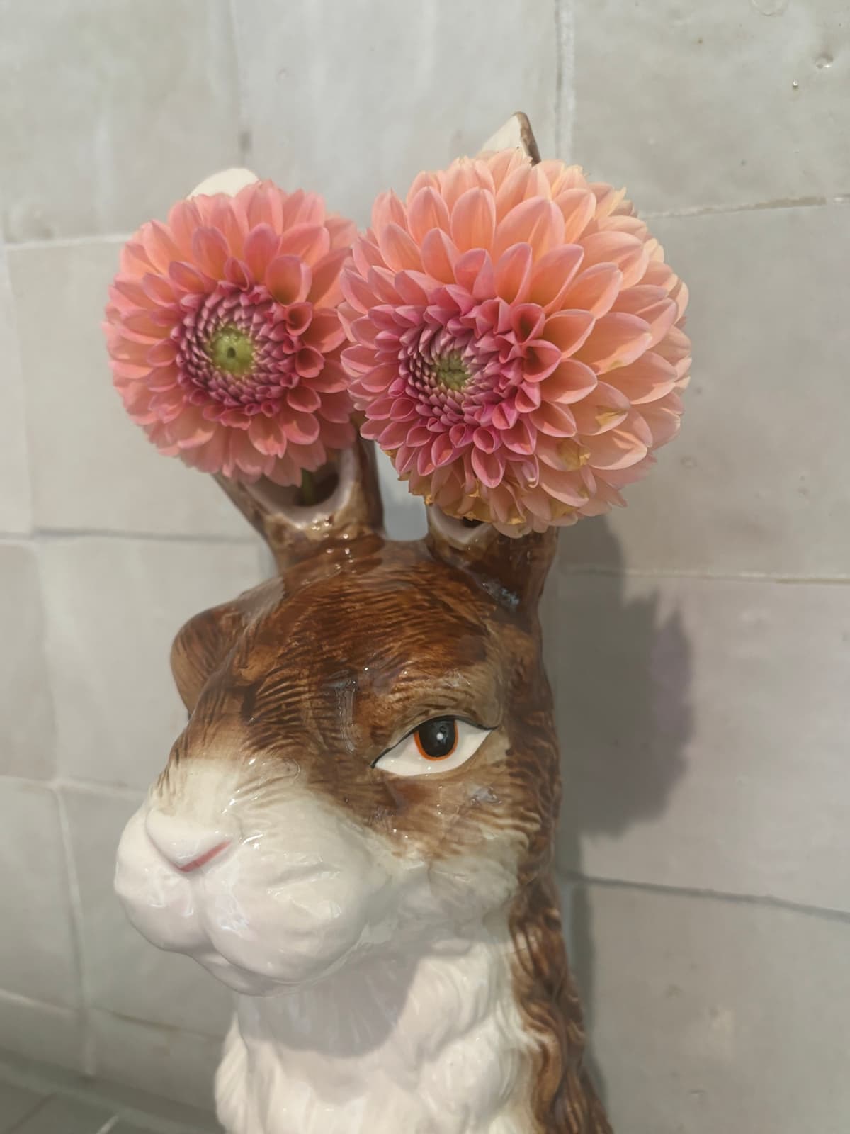 Peach dahlias in a vintage donkey vase